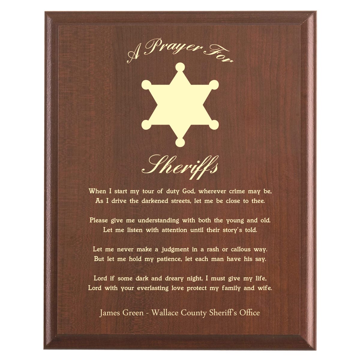 Plaque photo: Sheriffs Prayer Plaque design with free personalization. Wood style finish with customized text.