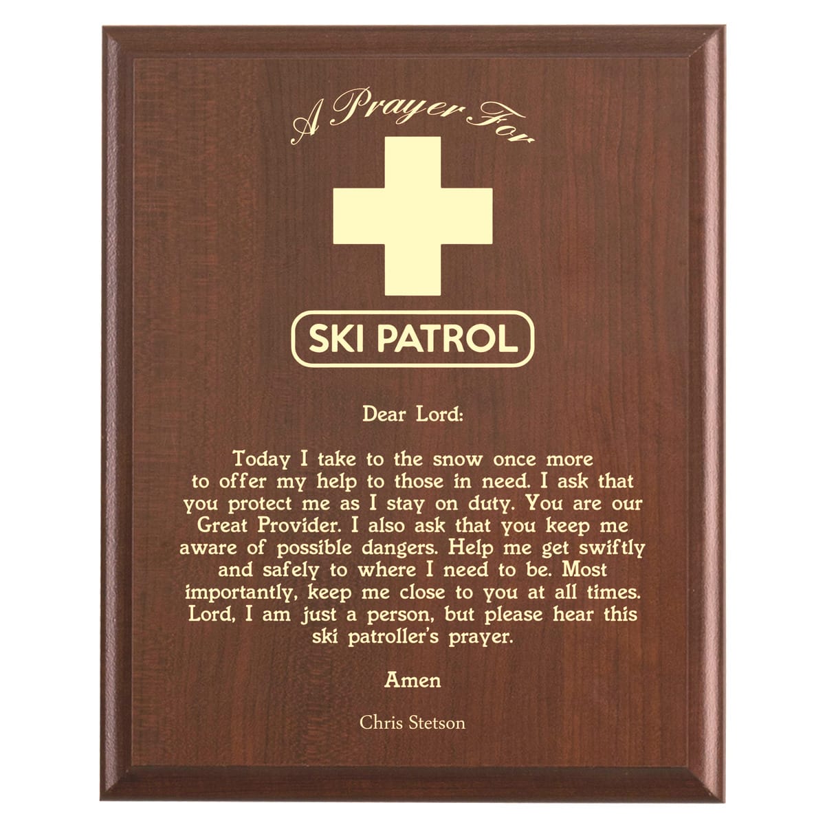 Plaque photo: Ski Patrol Prayer Plaque design with free personalization. Wood style finish with customized text.