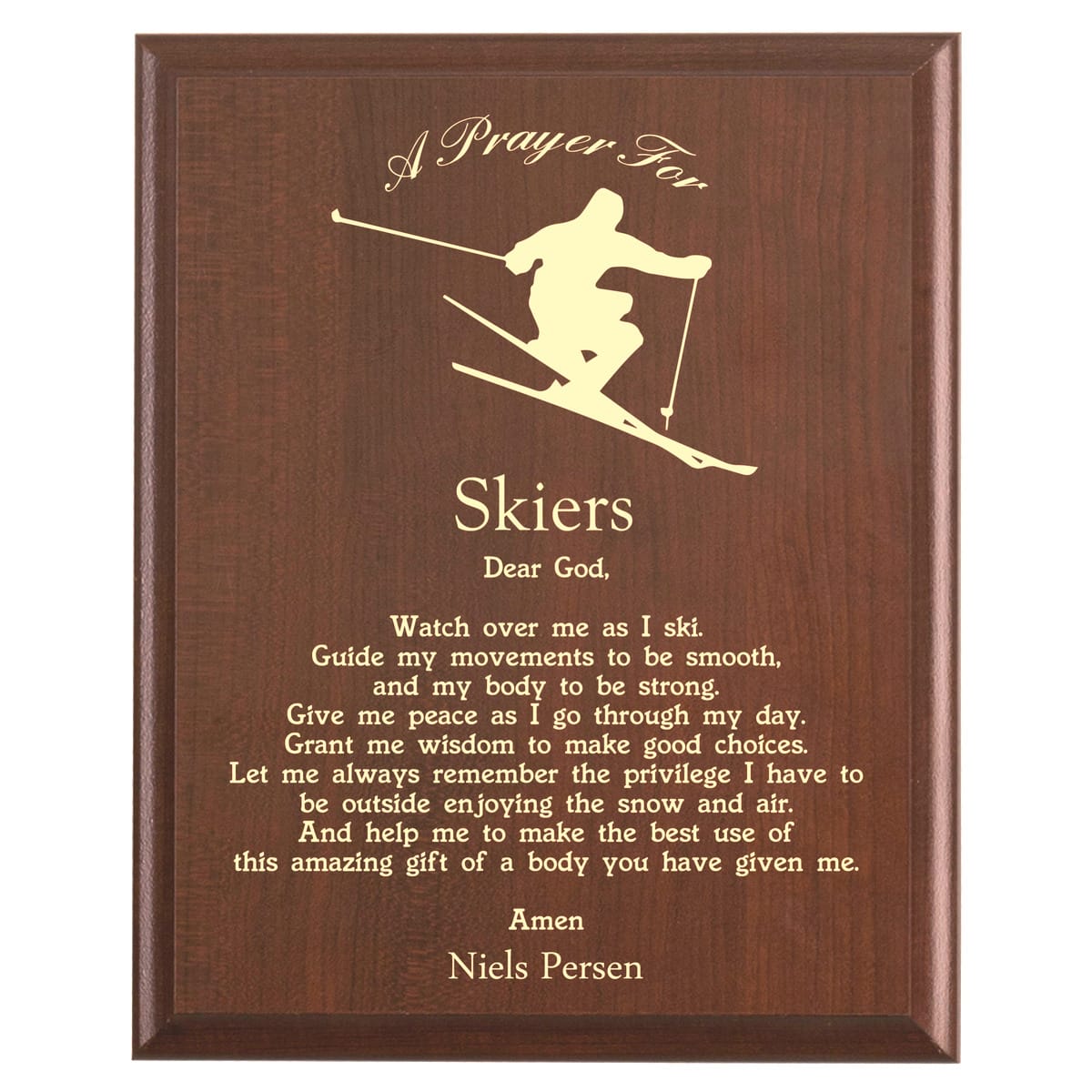 Plaque photo: Skier Prayer Plaque design with free personalization. Wood style finish with customized text.