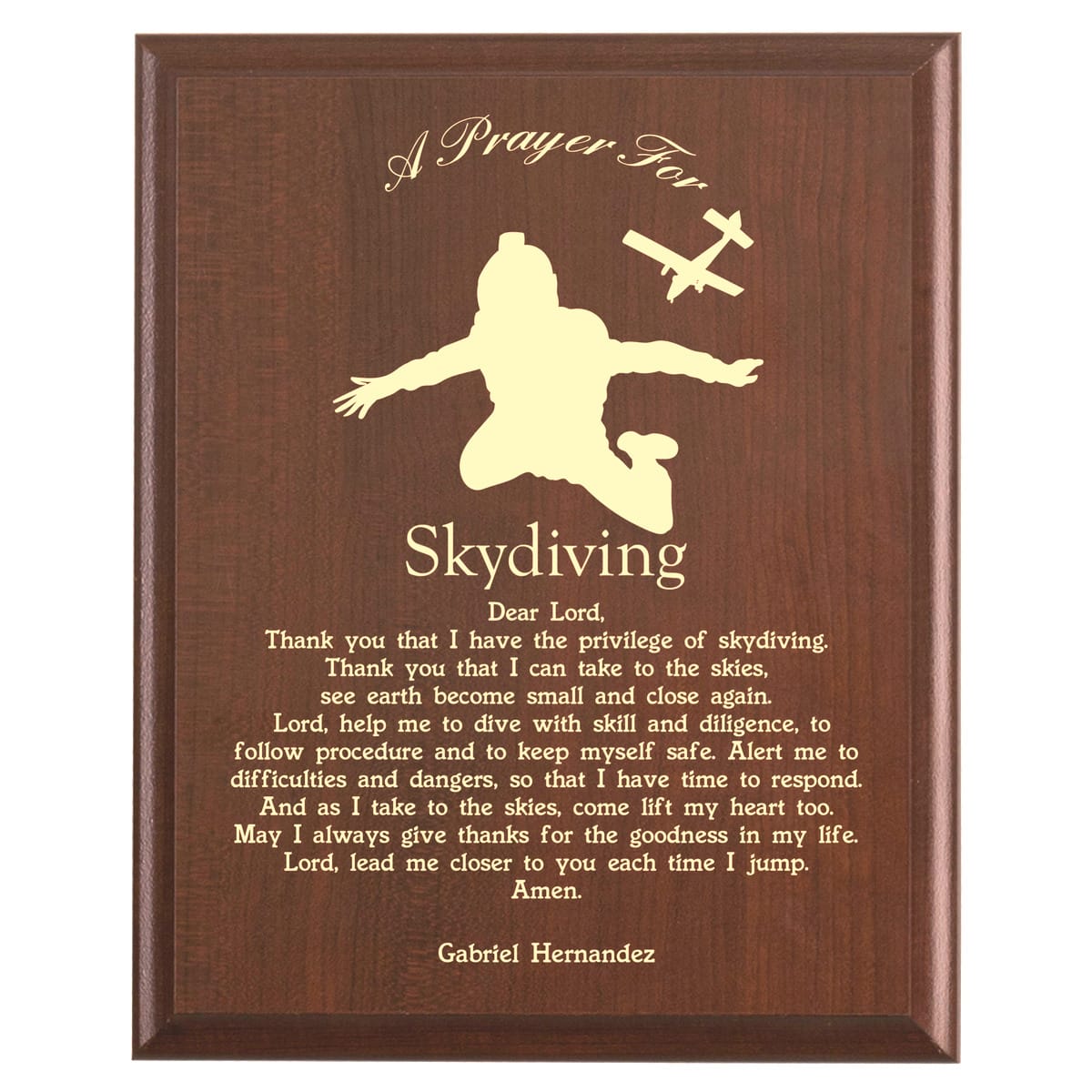 Plaque photo: Skydiving Prayer Plaque design with free personalization. Wood style finish with customized text.