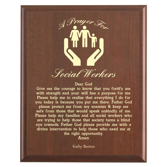 Plaque photo: Social Worker Prayer Plaque design with free personalization. Wood style finish with customized text.