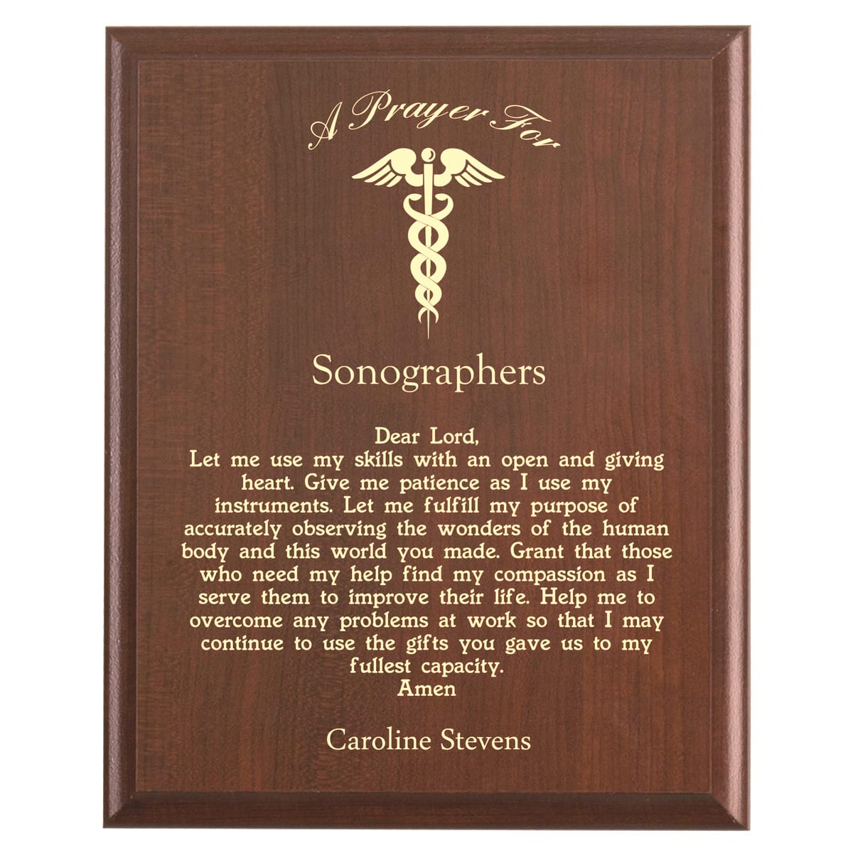 Plaque photo: Sonographer Prayer Plaque design with free personalization. Wood style finish with customized text.