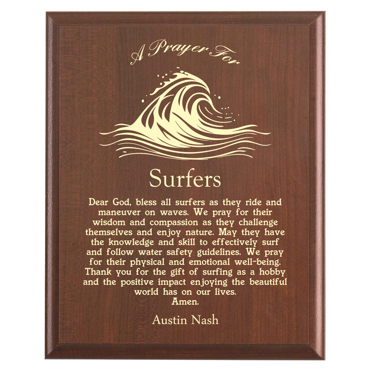 Plaque photo: Surfer Prayer Plaque design with free personalization. Wood style finish with customized text.