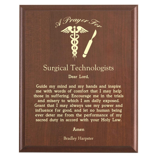 Plaque photo: Surgical Technologist Plaque design with free personalization. Wood style finish with customized text.