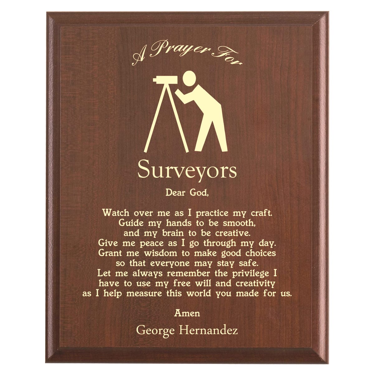 Plaque photo: Surveyor Prayer Plaque design with free personalization. Wood style finish with customized text.