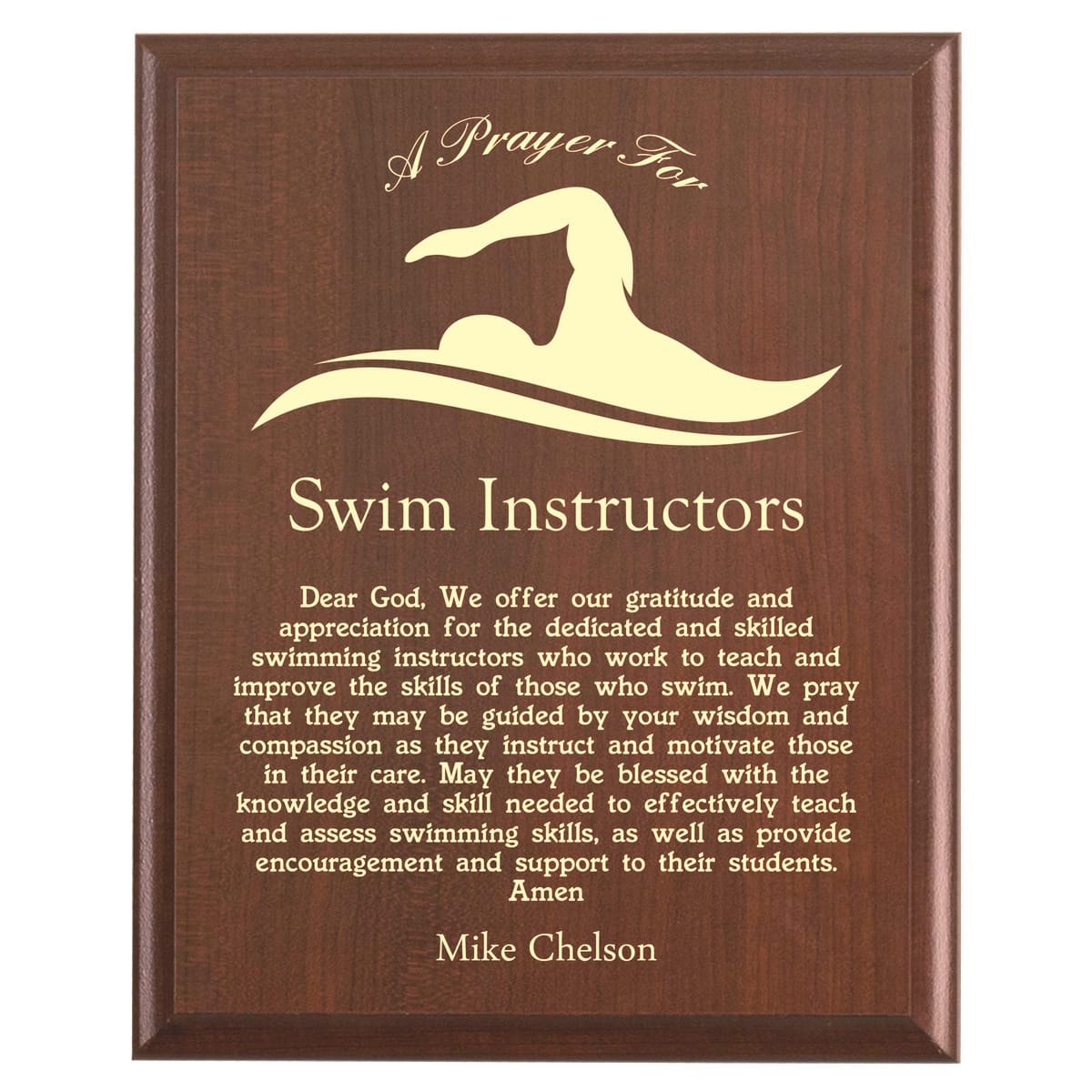 Plaque photo: Swim Instructor Prayer Plaque design with free personalization. Wood style finish with customized text.