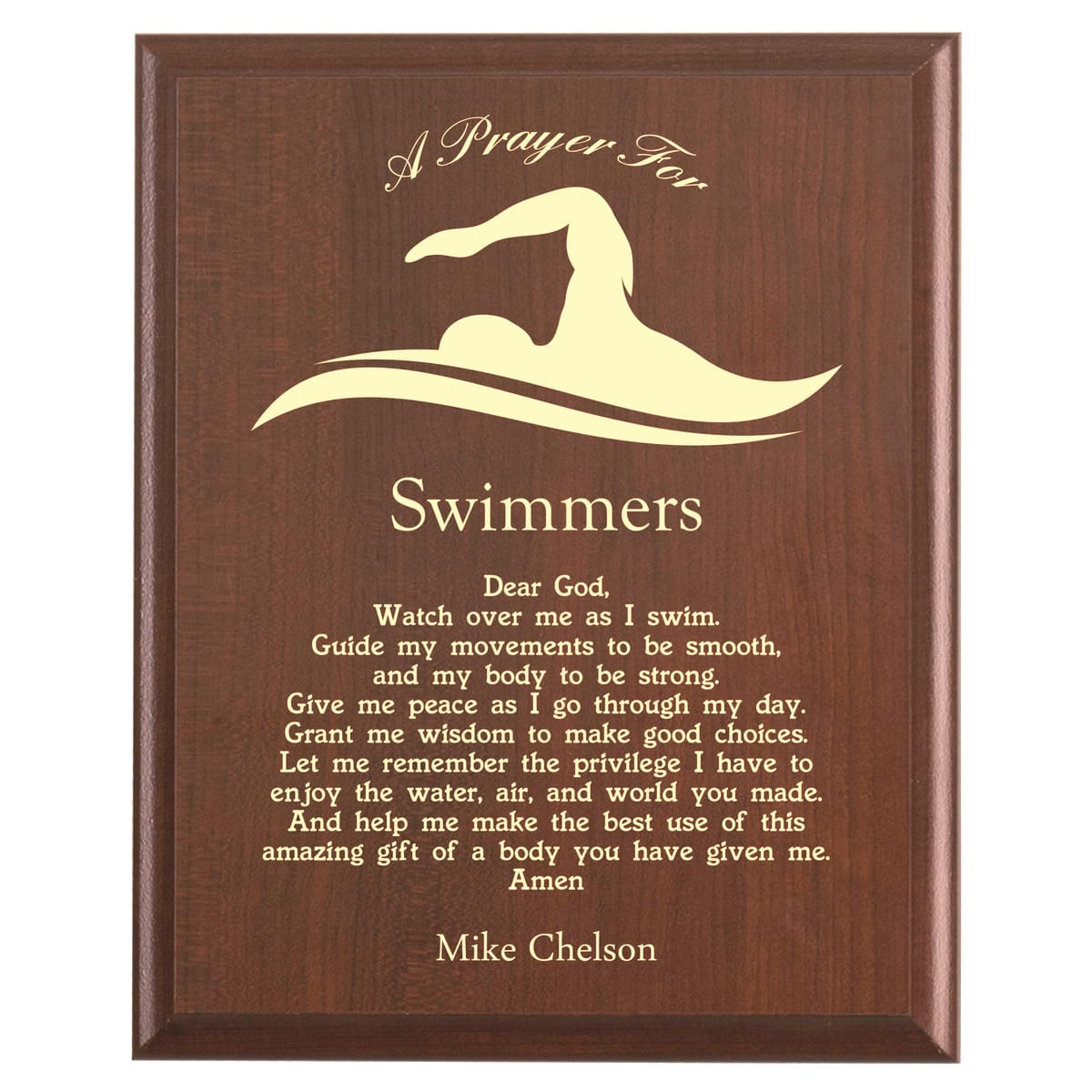 Plaque photo: Swimmer Prayer Plaque design with free personalization. Wood style finish with customized text.