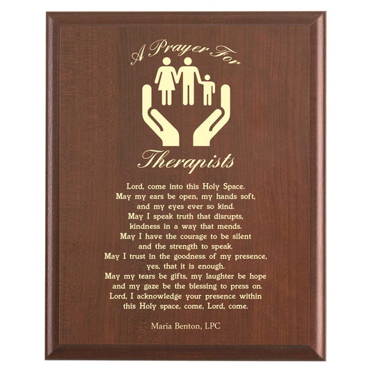Plaque photo: Therapist Prayer Plaque design with free personalization. Wood style finish with customized text.