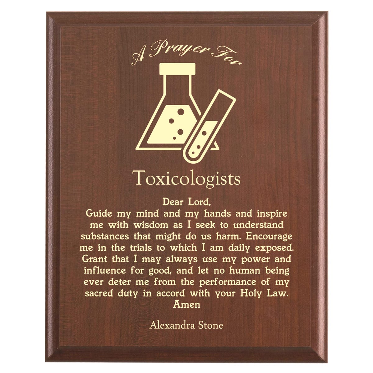 Plaque photo: Toxicologist Prayer Plaque design with free personalization. Wood style finish with customized text.