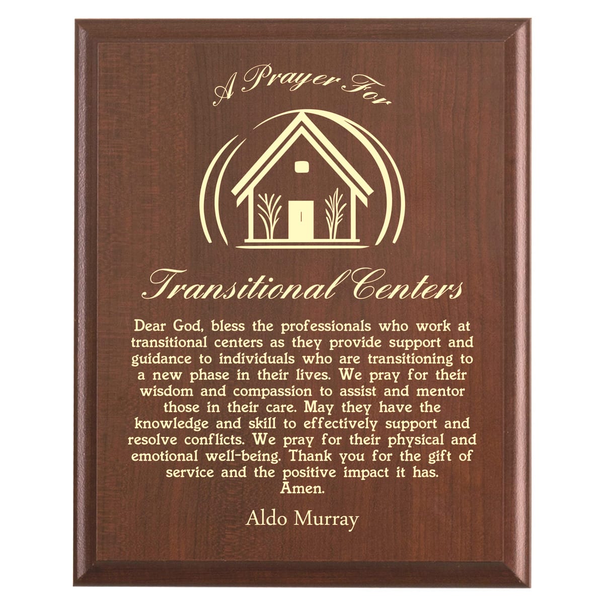 Plaque photo: Transitional Center Prayer Plaque design with free personalization. Wood style finish with customized text.