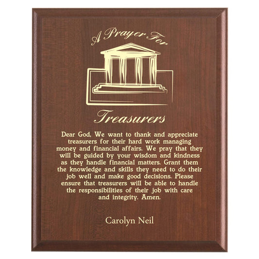 Plaque photo: Treasurer Prayer Plaque design with free personalization. Wood style finish with customized text.