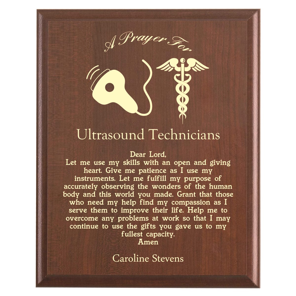 Plaque photo: Ultrasound Tech Prayer Plaque design with free personalization. Wood style finish with customized text.