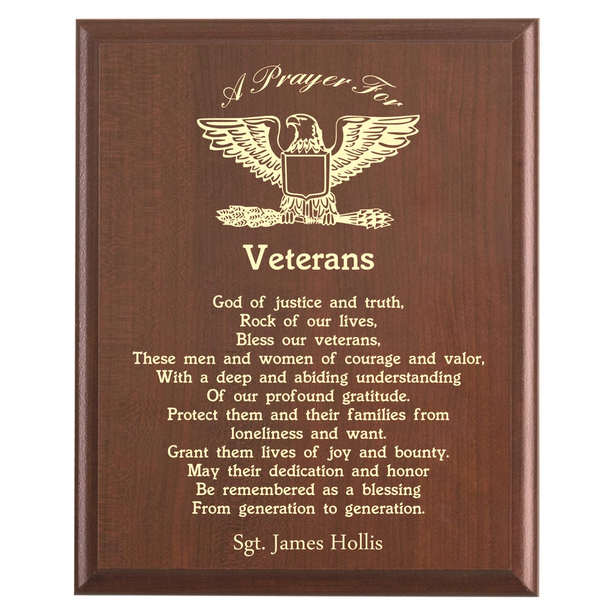 Plaque photo: Military Veteran Prayer Plaque design with free personalization. Wood style finish with customized text.
