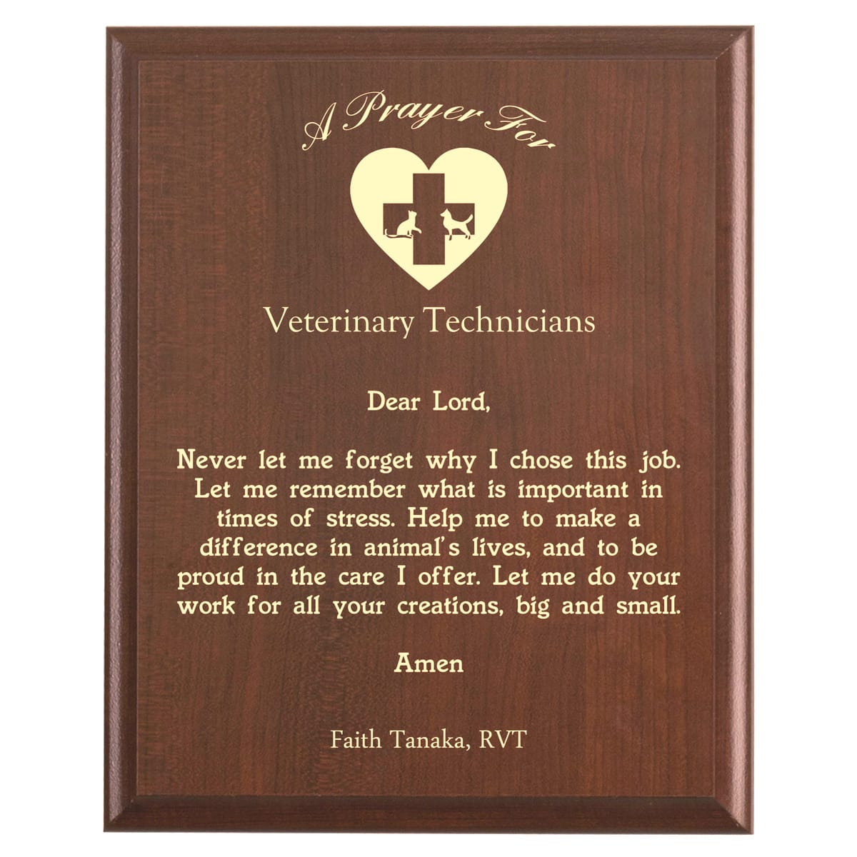 Plaque photo: Designed for Vet Techs with free personalization. Wood style finish with customized text.
