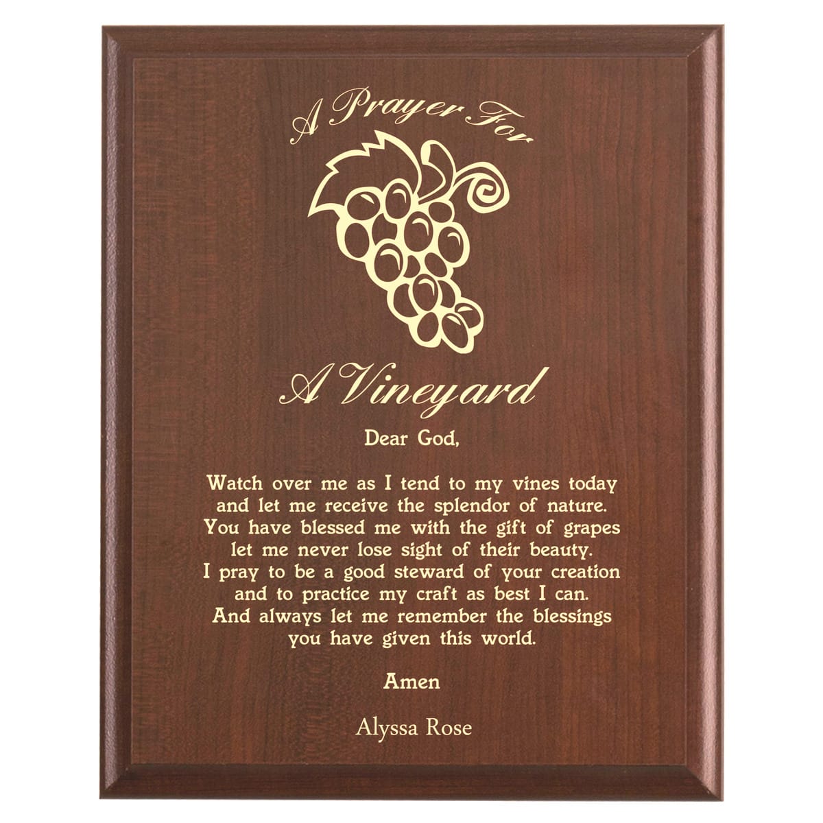 Plaque photo: Vineyard Prayer Plaque design with free personalization. Wood style finish with customized text.