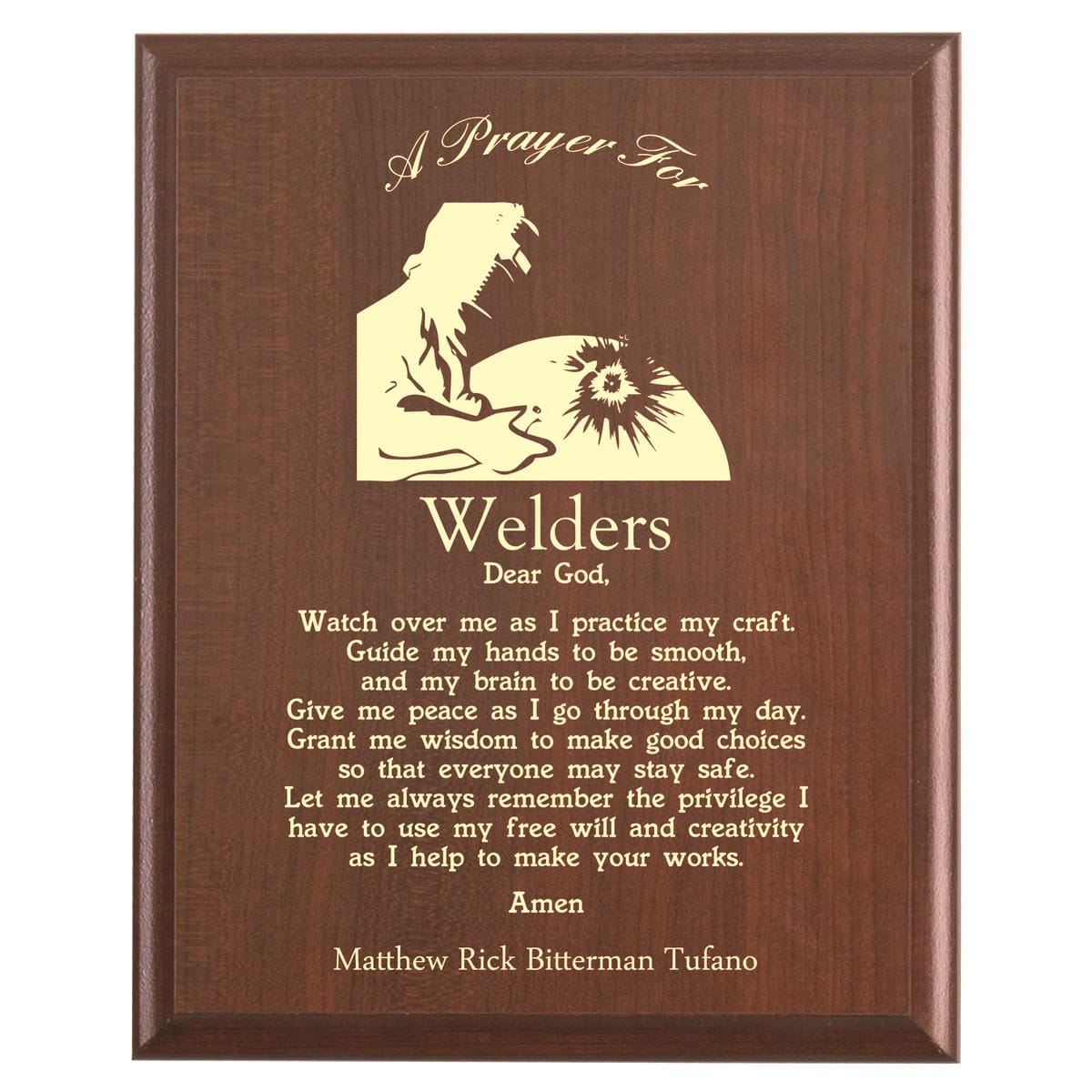 Plaque photo: Welder Prayer Plaque design with free personalization. Wood style finish with customized text.