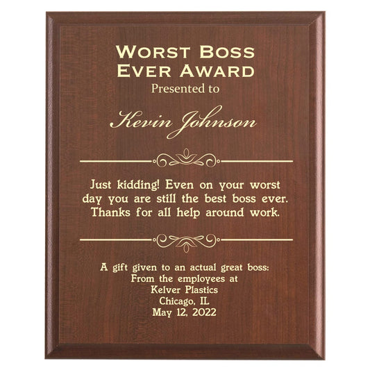 Plaque photo: Worst Boss Gag Gift design with free personalization. Wood style finish with customized text.