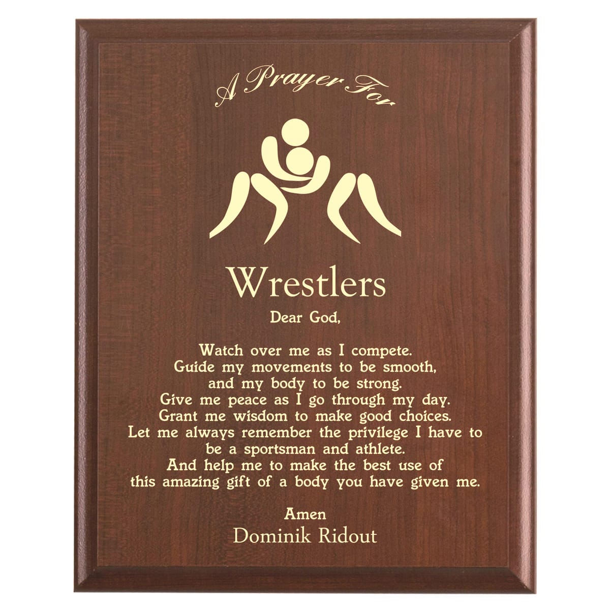 Plaque photo: Wrestler Prayer Plaque design with free personalization. Wood style finish with customized text.