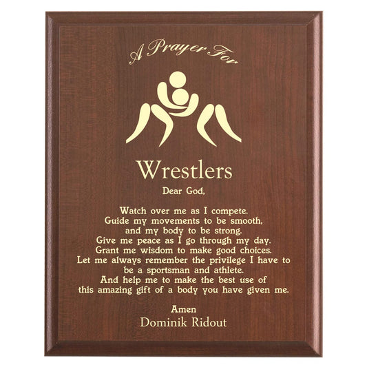 Plaque photo: Wrestler Prayer Plaque design with free personalization. Wood style finish with customized text.