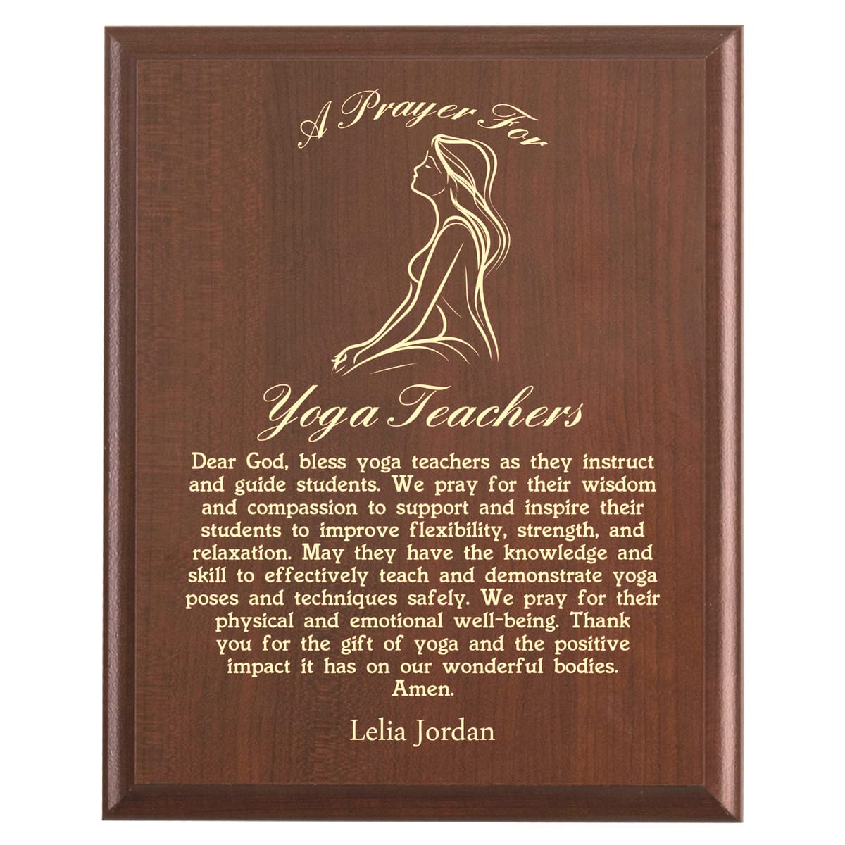 Plaque photo: Yoga Instructor Prayer Plaque design with free personalization. Wood style finish with customized text.