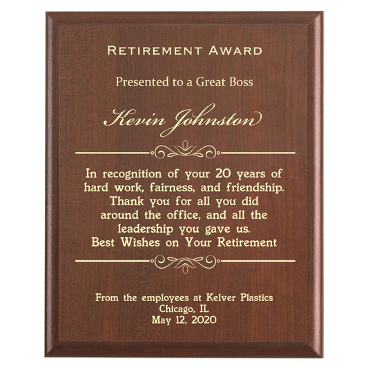 Plaque photo: Boss Retirement Award design with free personalization. Wood style finish with customized text.