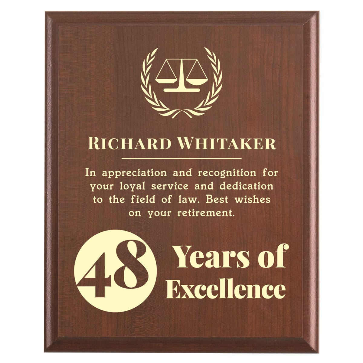 Plaque photo: Lawyer Retirement Gift design with free personalization. Wood style finish with customized text.