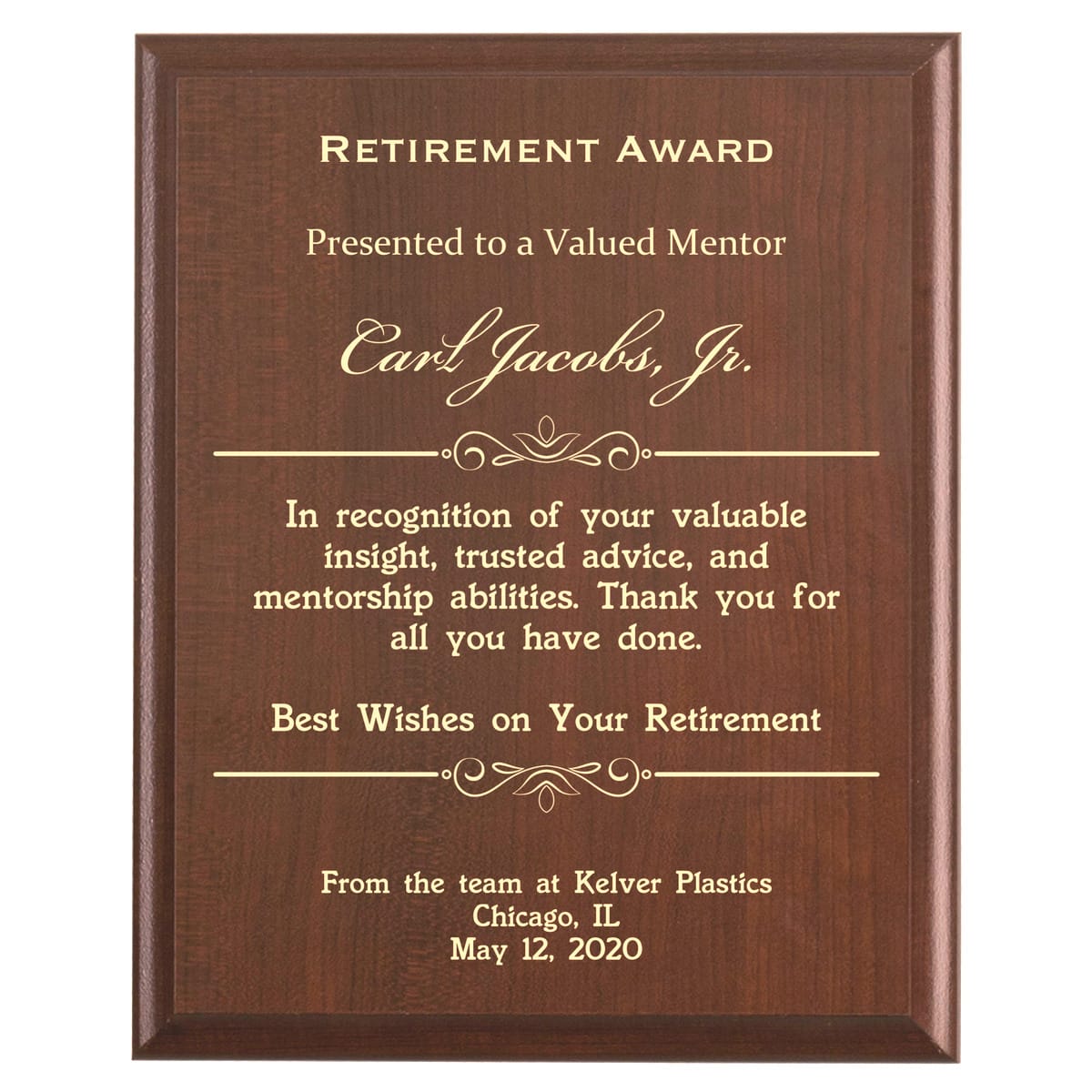 Plaque photo: Mentor Retirement Award design with free personalization. Wood style finish with customized text.