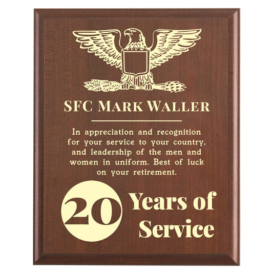 Plaque photo: Military Retirement Award Plaque design with free personalization. Wood style finish with customized text.