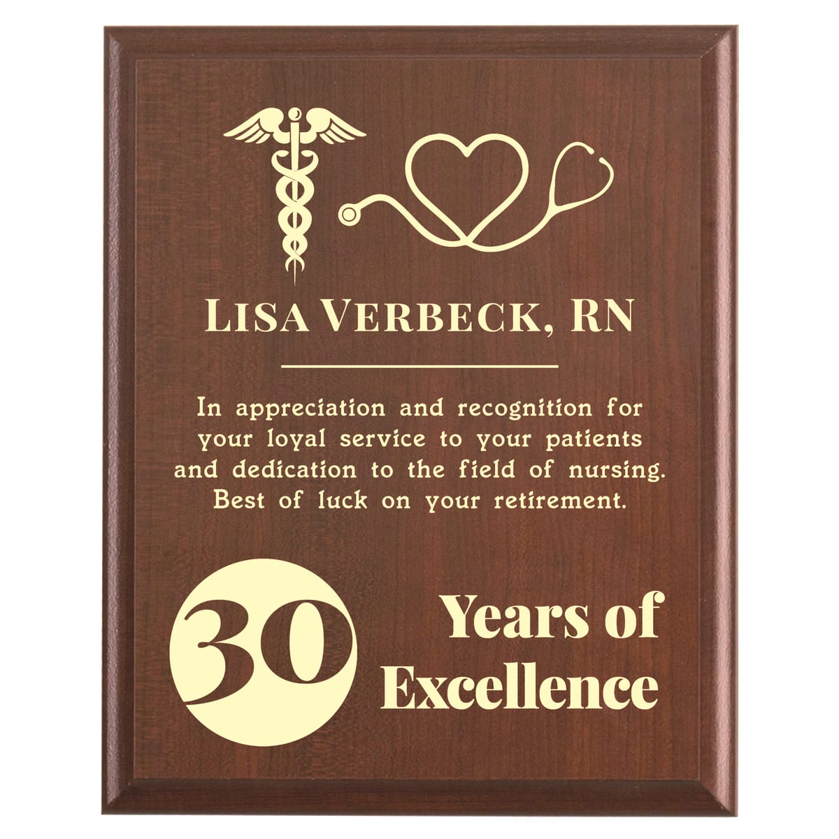 Plaque photo: Nurse Retirement Award design with free personalization. Wood style finish with customized text.