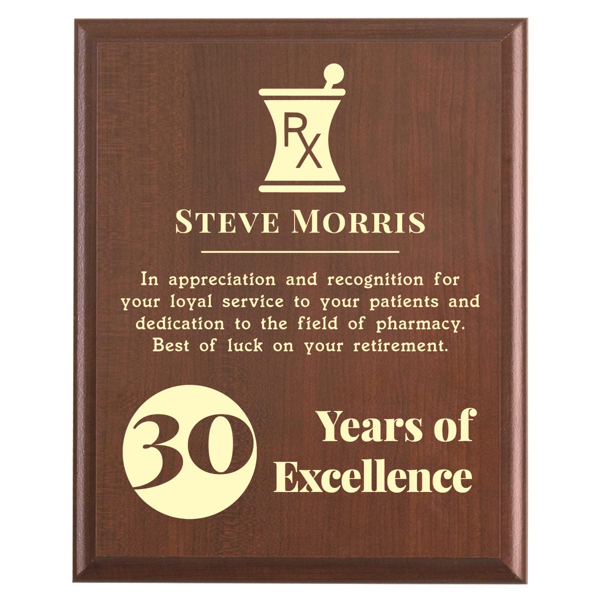 Plaque photo: Pharmacist Retirement Award design with free personalization. Wood style finish with customized text.