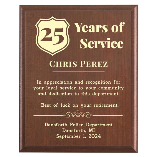 Plaque photo: Police Retirement Award design with free personalization. Wood style finish with customized text.