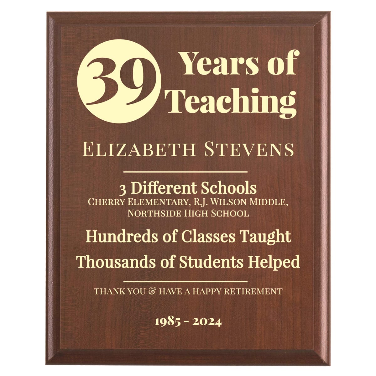 Plaque photo: Teacher Retirement Gift design with free personalization. Wood style finish with customized text.