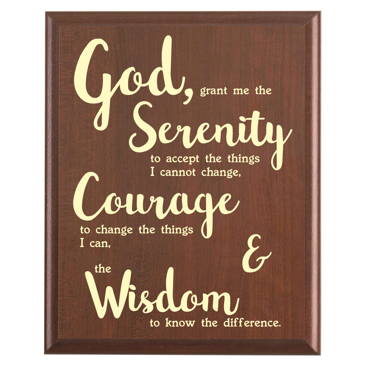 Plaque photo: Serenity Prayer Plaque design with free personalization. Wood style finish with customized text.