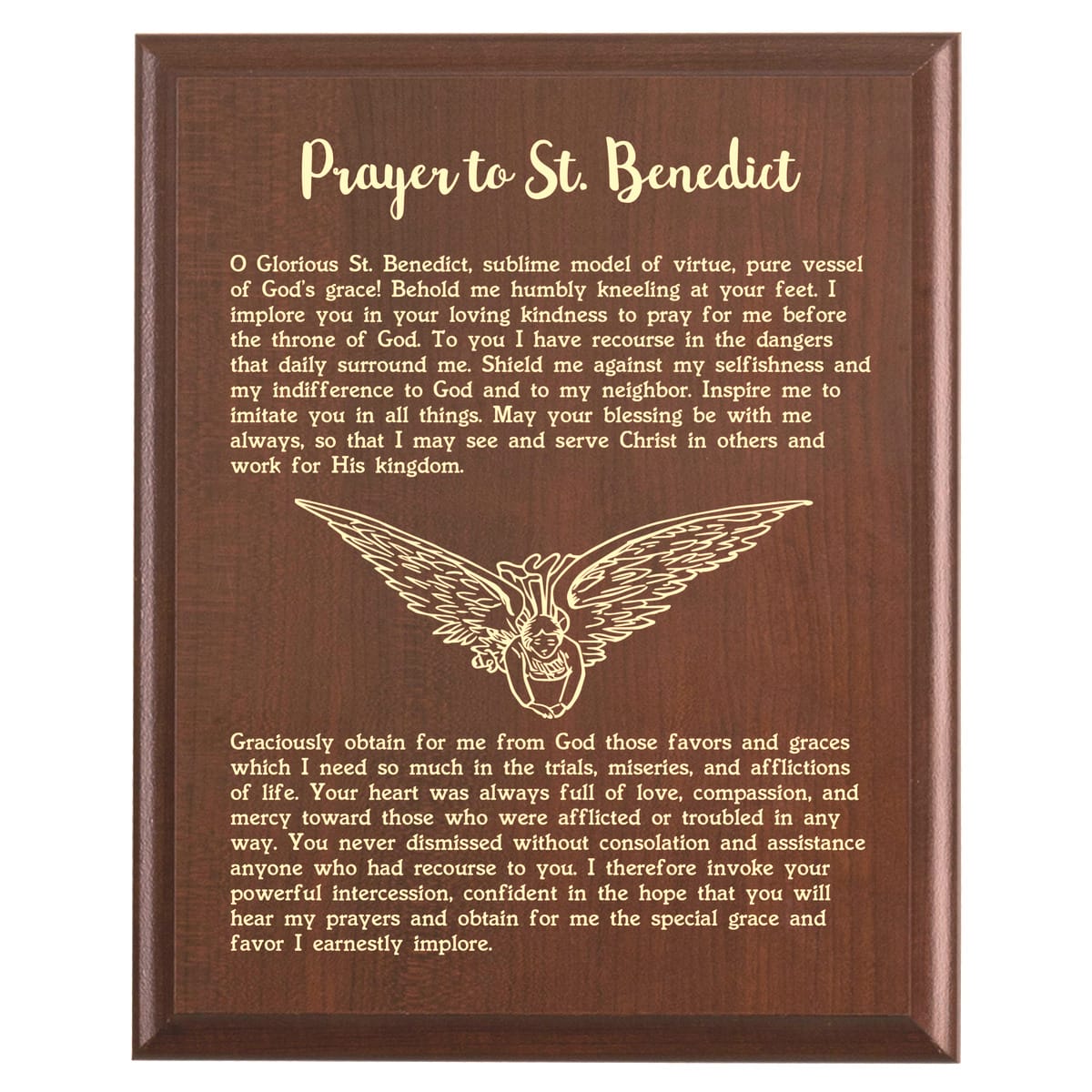 Plaque photo: St. Benedict Prayer Plaque design with free personalization. Wood style finish with customized text.