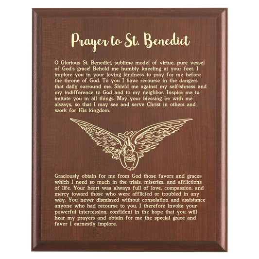 Plaque photo: St. Benedict Prayer Plaque design with free personalization. Wood style finish with customized text.