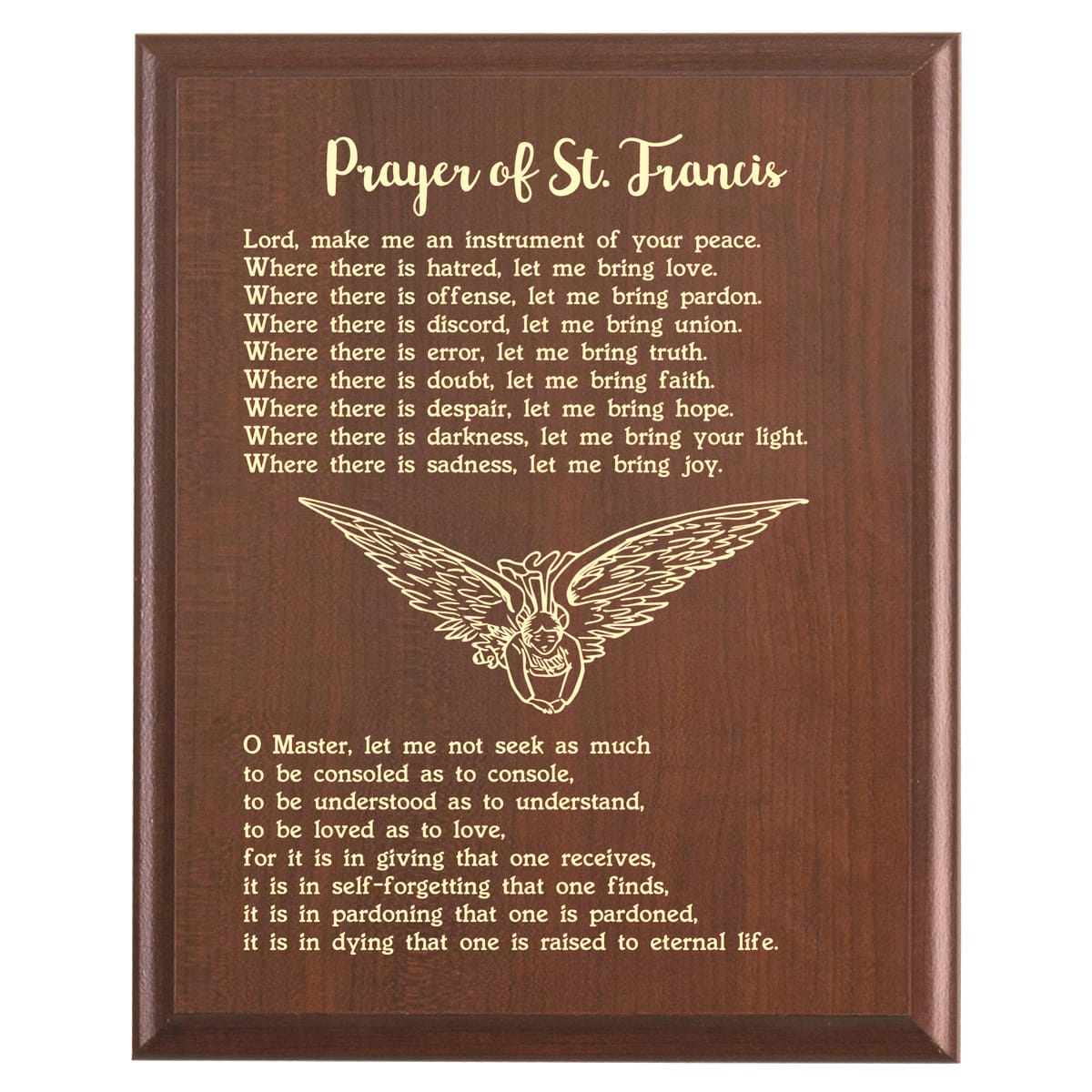 Plaque photo: St. Francis Peace Prayer Plaque design with free personalization. Wood style finish with customized text.