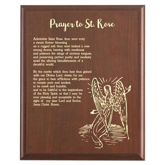 Plaque photo: St. Rose of Lima Prayer Plaque design with free personalization. Wood style finish with customized text.
