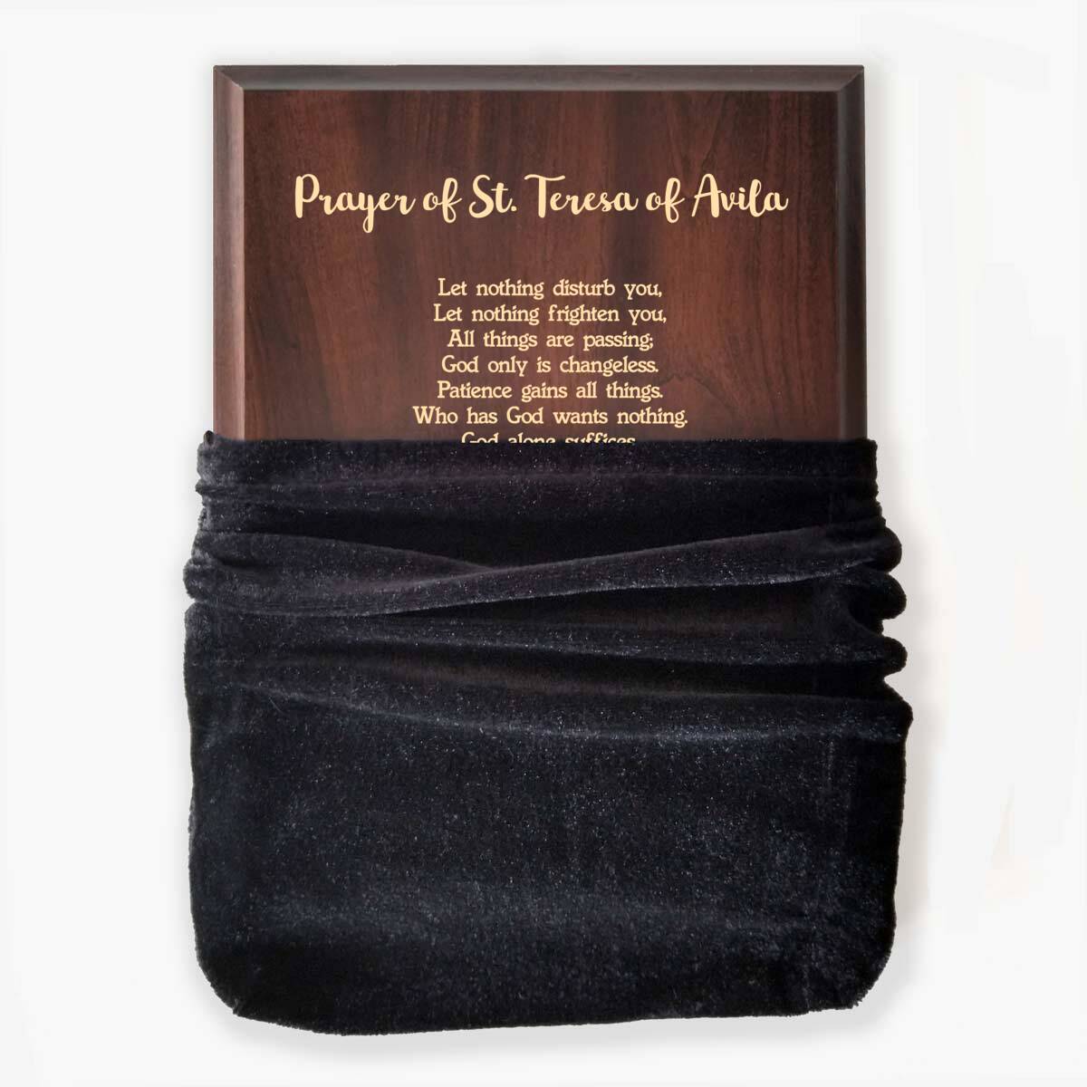 Photo of plaque inside the optional velvet gift bag, showing some of the printed design.