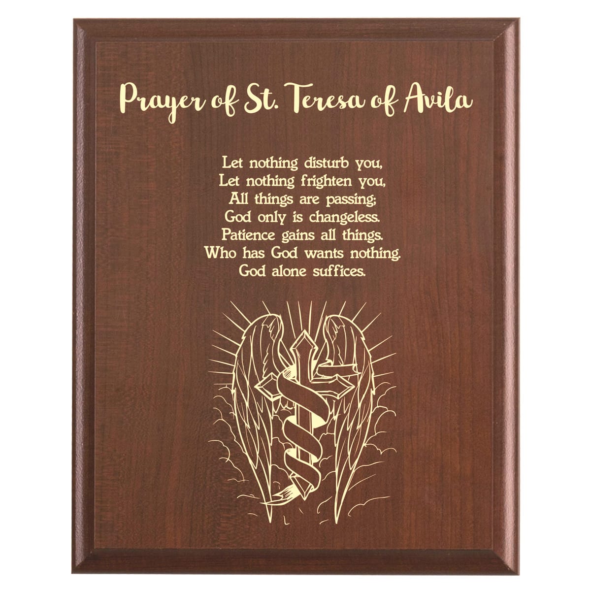 Plaque photo: St. Teresa of Avila Prayer Plaque design with free personalization. Wood style finish with customized text.