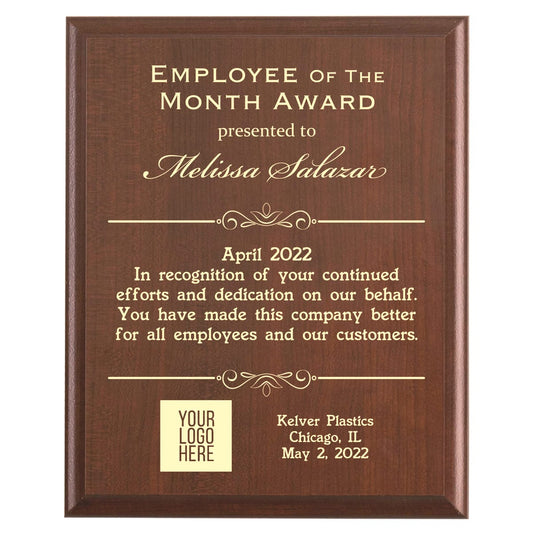 Plaque photo: Employee of the Month Award Plaque design with free personalization. Wood style finish with customized text.