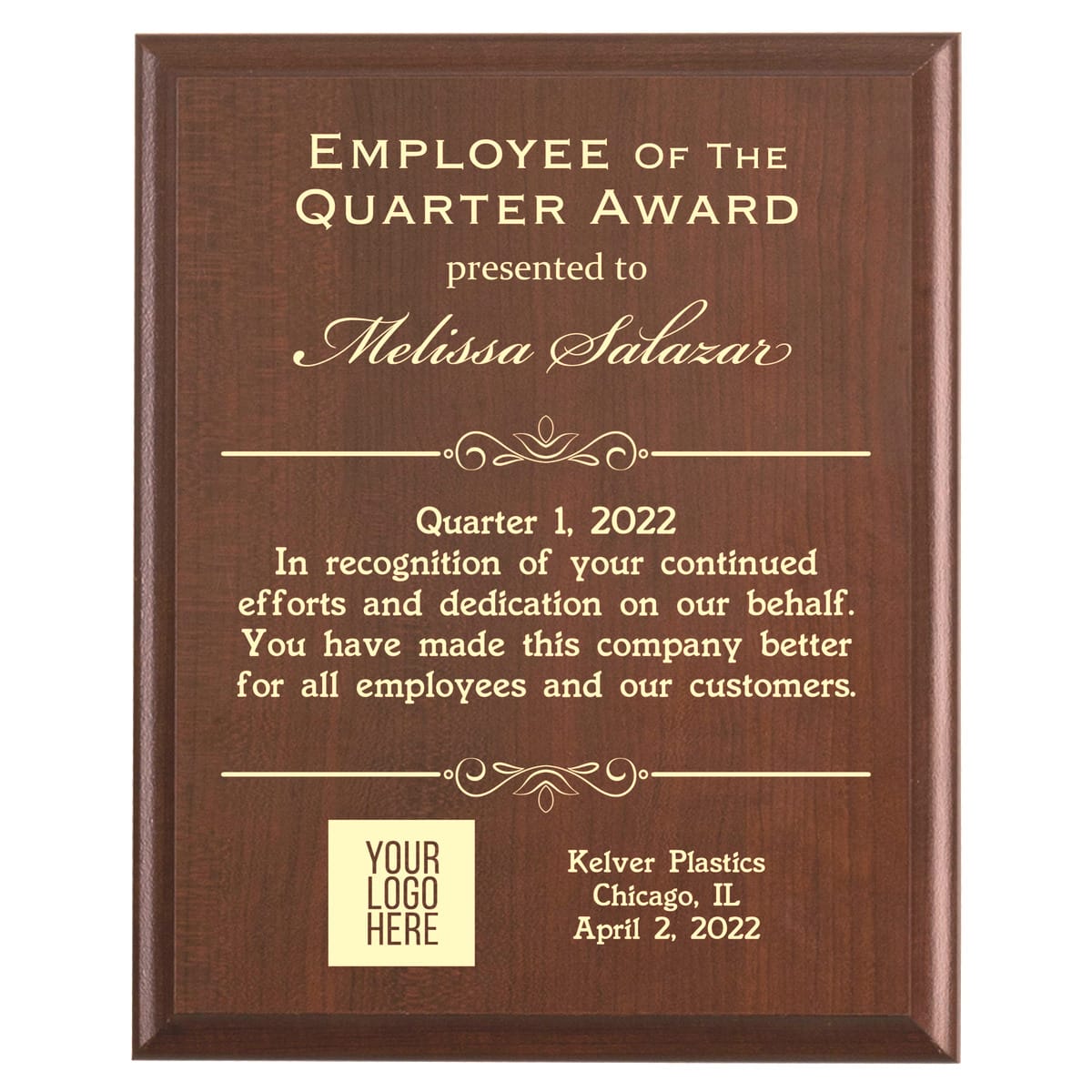 Plaque photo: Employee of the Quarter Award Plaque design with free personalization. Wood style finish with customized text.