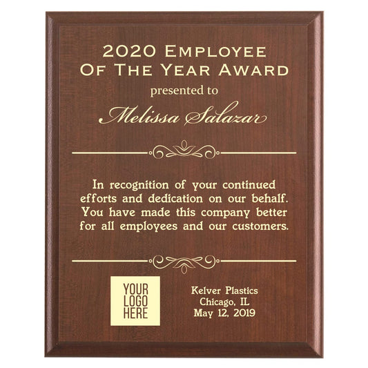 Plaque photo: Employee of the Year Award Plaque design with free personalization. Wood style finish with customized text.