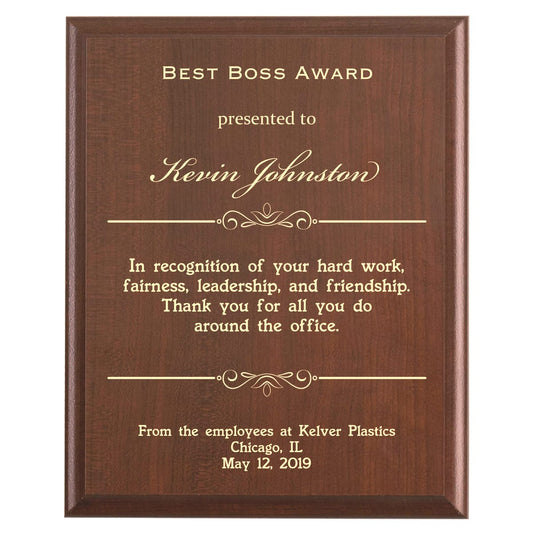 Plaque photo: Boss Gift design with free personalization. Wood style finish with customized text.