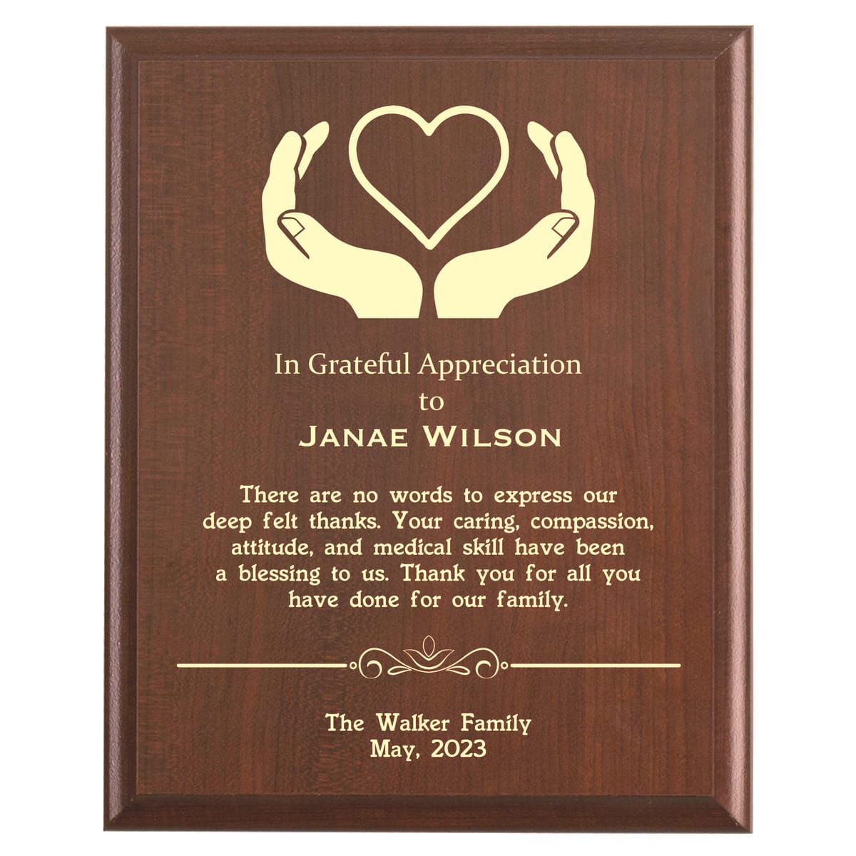 Plaque photo: Family Caregiver Thank You Gift design with free personalization. Wood style finish with customized text.