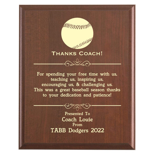Plaque photo: Baseball Coach Thank You Gift design with free personalization. Wood style finish with customized text.