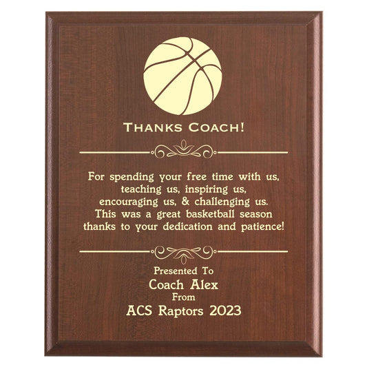 Plaque photo: Basketball Coach Thank You Gift design with free personalization. Wood style finish with customized text.