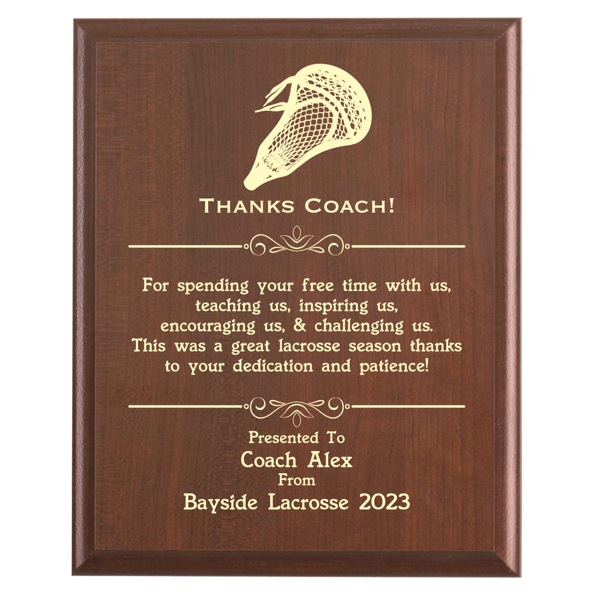 Plaque photo: Lacrosse Coach Thank You Gift design with free personalization. Wood style finish with customized text.