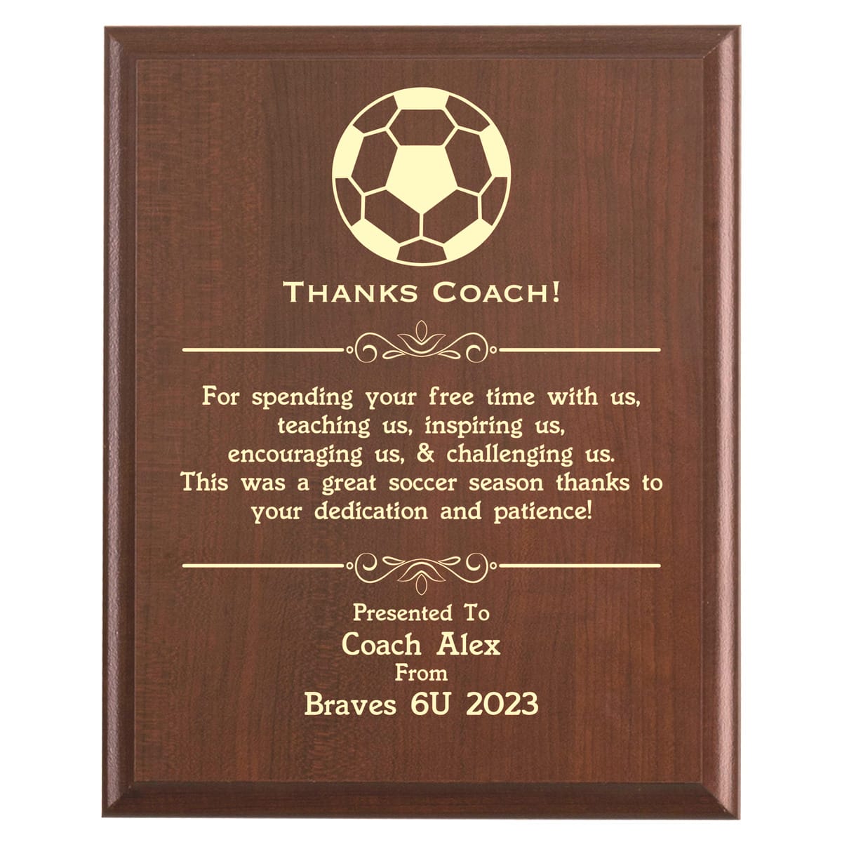 Plaque photo: Soccer Coach Thank You Gift design with free personalization. Wood style finish with customized text.