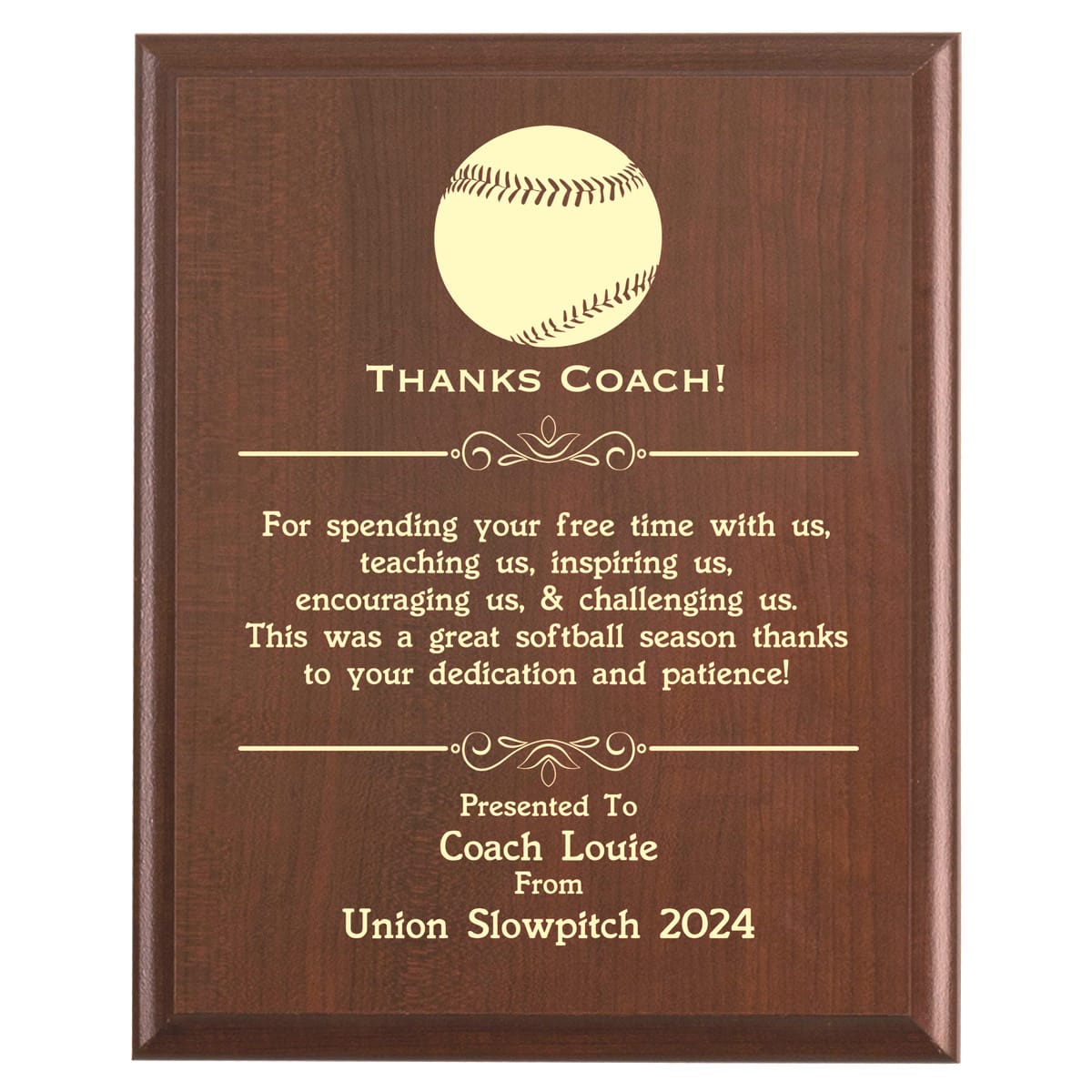 Plaque photo: Softball Coach Thank You Gift design with free personalization. Wood style finish with customized text.