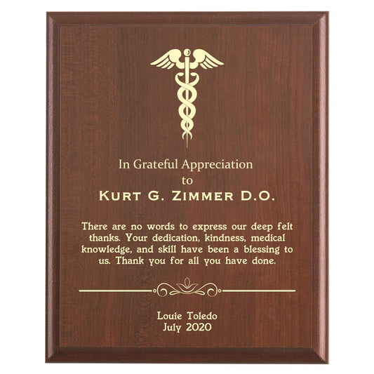Plaque photo: Doctor Thank You Appreciation Plaque design with free personalization. Wood style finish with customized text.
